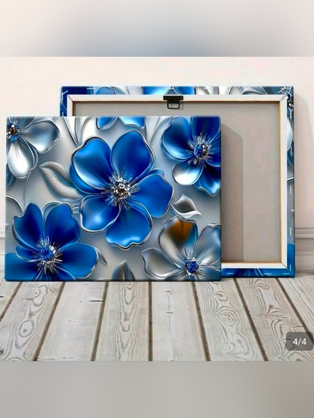 Blue Floral Canvas Wall Art - Metallic Silver Accents. 12" x 18" (w/hang clip)